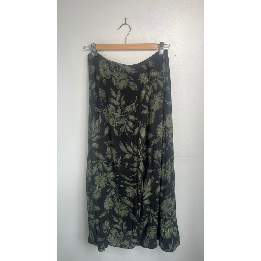 Jones New York Floral Maxi Skirt Green Black Size 8 Vintage 90s Rayon Wrap Style